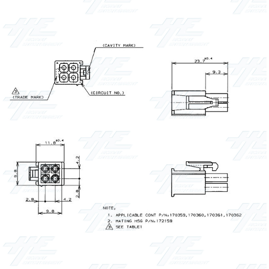 TYCO ELECTRONICS Universal Plug Housing, 4 Way Mate N Lok Plug - 172167-1 - Specification Diagram