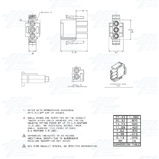 TYCO ELECTRONICS / AMP Universal Plug Housing 3 Way, Mate N Lok Plug - 350766-1 - Product Specification