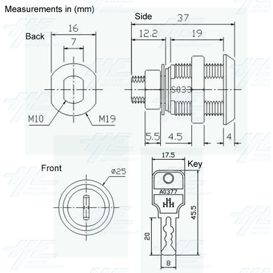 Arcade Machine Lock 19mm (Sega Replacement) Key S0228 - Lock Measurement