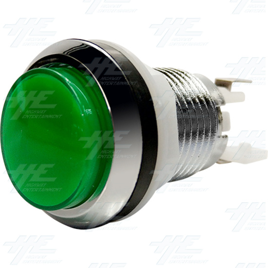 33mm Chrome Finish Push Illuminated Button Set - Green - Chrome Finish Push Illuminated Button - Green Angle View