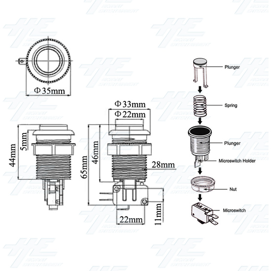 1 Player Start Button With Microswitch 1P 28mm - Dimensions